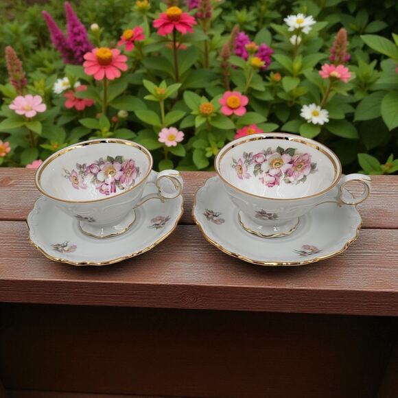 Two Schumann Arzberg Briar Rose Cup & Saucer Set Bavaria Germany Gold Trim 1950s - Picture 1 of 16